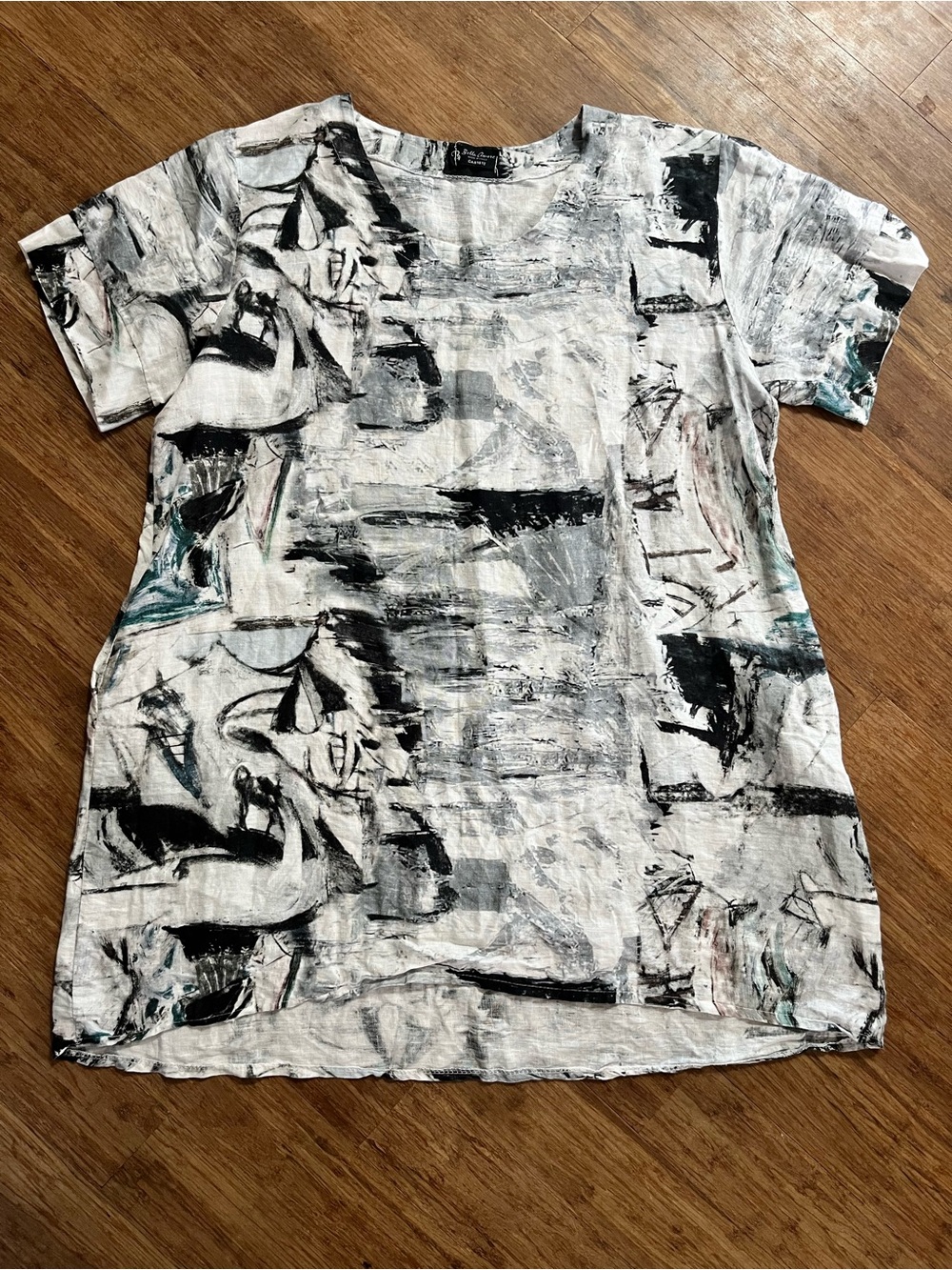 Bella Amore Italy 100% Linen Abstract Print Tunic Shift Dress Pockets L/XL